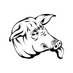 Vector hand drawn illustration of pig's head with many eyes and tongue. Tattoo artwork. Template for card, poster, banner, print for t-shirt, pin, badge, patch.