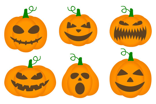 Set of pumpkins with faces isolated on white - decorative elements for Halloween design