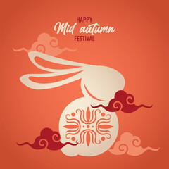 happy mid autumn lettering card with rabbit and clouds