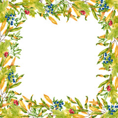 Wreath with watercolor forest plants. Hand drawn illustration is isolated on white. Floral frame are perfect for autumn design, interior poster, greeting card, wedding invitation, fabric textile