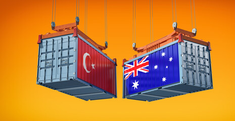 Shipping containers with Turkey and Australia national flags. 3D Rendering 