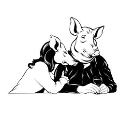 Vector hand drawn illustration of couple with pig's heads and glass of wine. Anthropomorphic tattoo artwork. Template for card, poster, banner, print for t-shirt, pin, badge, patch.