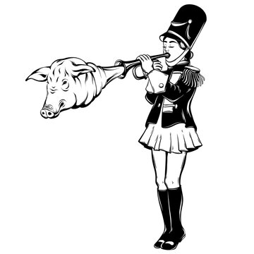 recommend clip art: Vector hand drawn illustration of trumpeter with pig's head. Surrealistic tattoo artwork. Template for card, poster, banner, print for t-shirt, pin, badge, patch.