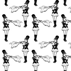 Vector pattern with hand drawn illustration of trumpeter with pig's head. Surrealistic tattoo artwork. Template for card, poster, banner, print for t-shirt, pin, badge, patch.