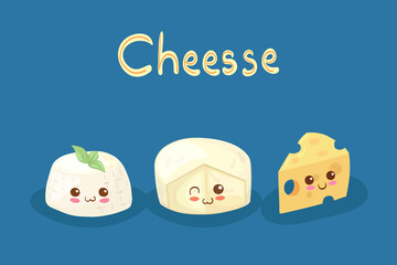 Kawaii vector illustration with happy funny Cheese characters. Adorable creamy Italian Ricotta, Round & Yellow Cheeses. Kids menu elements with hand drawn lettering. Smiling healthy dairy product.