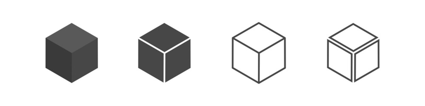 Cube set isolated vector icon. 3D box in different styles. Black block symbol for web and app