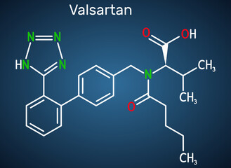 Valsartan molecule. It is used to treat high blood pressure, heart failure. Structural chemical formula on the dark blue background