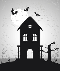 happy halloween celebration card with haunted house and bats flying