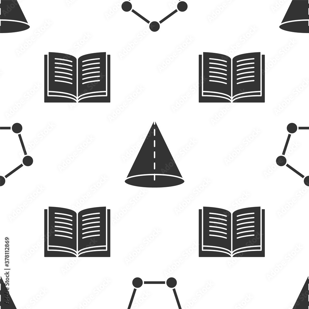 Poster set geometric figure pentagonal prism, geometric figure cone and open book on seamless pattern. vect