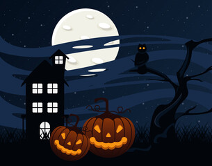 Fototapeta premium happy halloween celebration card with haunted house and pumpkins