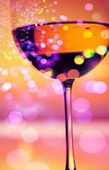 Glass with a drink and and multi-colored circles. Holiday atmosphere.