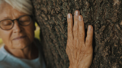 Portrait of senior gray haired woman hugging the tree. High quality photo
