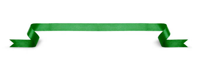 A curly green ribbon Christmas, birthday present banner isolated against a white background.