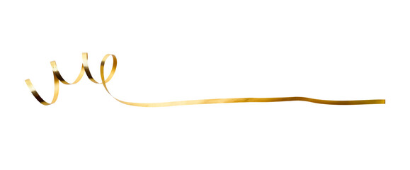 A thin curly gold ribbon for Christmas and birthday present banner isolated against a white background.
