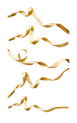 A collection of curly gold ribbon Christmas and birthday present banner set isolated against a white background.