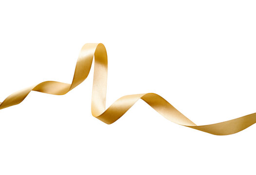 A curly gold ribbon for Christmas and birthday present banner isolated against a white background.
