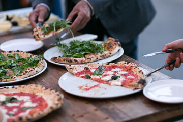 overhead view of wood fired pizza buffet