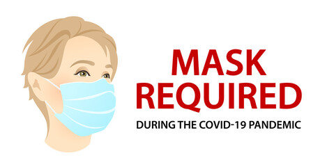 Human face with Medical face mask on - Door banner: flat simple illustration with text: mask required (coronavirus protection). Vector template for pandemic (to prevent the spread of COVID-19)