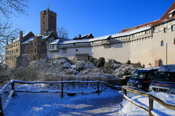 Obraz premium Außenansicht der Wartburg im Winter. Eisenach; UNESCO Weltkulturerbe, Deutschland, Europa