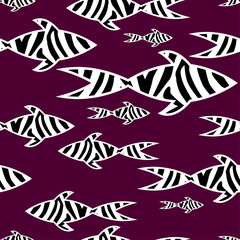 Black and white fish with Zebra stripes swim in the sea. Trendy design style. Vector illustration for web design or print.