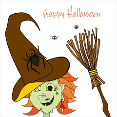 Hand-drawn card with a cartoon witch in a broun hat with large spider and a broom on a white background. Above the inscription Happy Halloween with cute spiders hanging in the net. Doodle style.