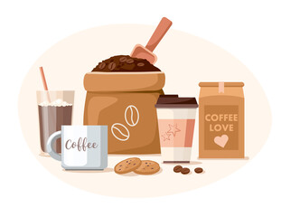 Coffee shop. Coffee beans in the package, takeaway cup, mug, and chocolate.