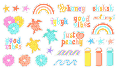 Teenage stickers pack. VSCO Girls style 
 stickers collection. Sea turtle, scrunchie, rainbow, stars, wave, good vibes stickers pack. Vector.