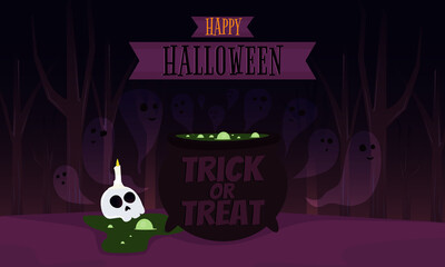 Happy halloween background and banner with cauldron and horror. Vector illustration.