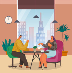 Cartoon man and woman sitting at round table and drinking tea. Large potted decorative plants in interior. Cartoon characters in modern office dining room. Panoramic window cityscape. Ceiling lighting