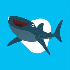 Illustration of Whale Shark Opens its Mouth Cartoon, Cute Funny Character, Flat Design