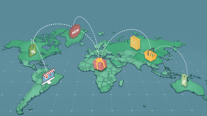 This is a world map, 3D illustration, shopping all around the world,

