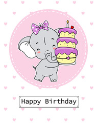 Girl birthday card. Elephant with cake. Isolated vector