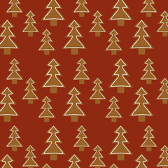 Christmas seamless pattern with different gingerbread Christmas trees on a red background