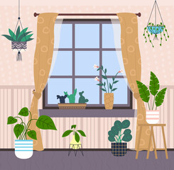 Window, light brown curtains with pattern, many potted plants, hanging flowers, cache-pot, cacti on windowsill. Home gardening. Striped pastel wallpaper. Gray floor. Cozy living room. Stay home