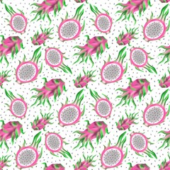 Fototapeta premium Watercolor set of Pitahaya (dragon fruit) and slice cut with seeds on isolated white background.Hand painted.May be used as food illustration for menu of tropical cocktails recipe and exotic desserts