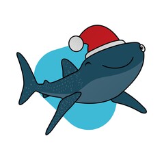 Illustration of Smiling Whale Shark While Closing One Eye and Wearing a Santa Hat Cartoon, Cute Funny Character, Flat Design