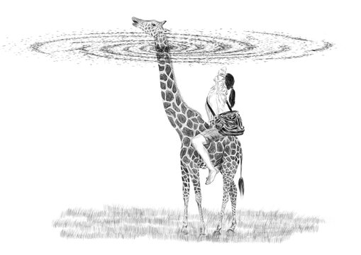 Illustration of a girl riding on a giraffe and looking up at the sky out of the solar system. A sci-fi scene in a dream. Black and white pencil sketch drawing. Isolated on white background.

