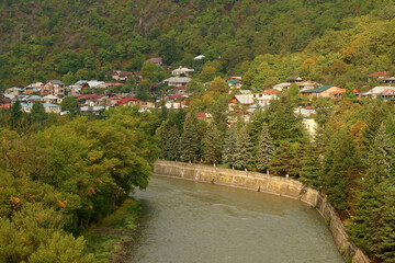 Marvelous Aerial View of Borjomi in the Early Autumn, a Famous Resort Town in South-central Georgia