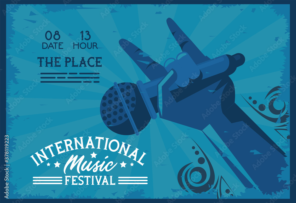 Canvas Prints international music festival poster with hand lifting microphone and lettering in blue background