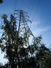 Tall electricity pylon seen from a low perspective against trees and a blue sky background