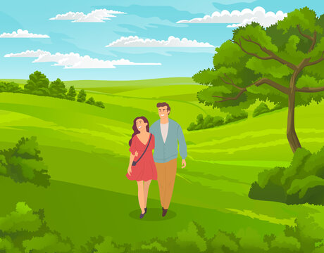 Happy young couple guy and girl walking at nature. In love people spend leisure time together outdoors. Young man and woman holding hands and walk at green meadow. Cartoon vector illustration