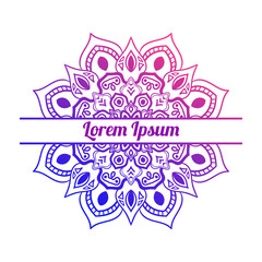 Colorful gradient floral card with blank space in the middle. Invitation template with decorative mandala. Lotus flower card, poster, flyer. Vector illustration.