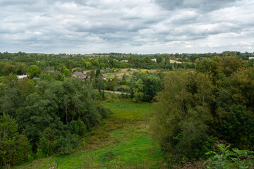 Fototapeta na wymiar Panoramic view on the village of Izborsk, Pskov region, Russia.
