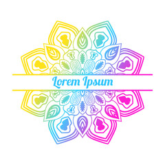 Colorful gradient floral card with blank space in the middle. Invitation template with decorative mandala. Lotus flower card, poster, flyer. Vector illustration.