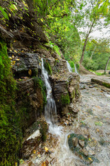 Picturesque place in the forest with mossy rocks and fountains.