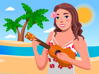 Nice girl with long hair with flower standing on the ocean shore against two palm trees and playing ukulele. Beach season vector illustration. Summer vacation, holiday tourism and journey. Summer time