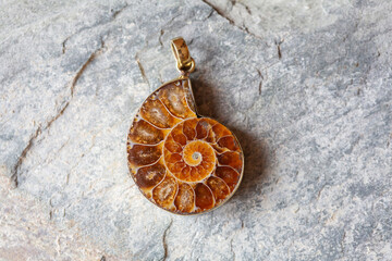 Narutal Amonite pendant on grey rocky background