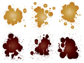 Vector collection of artistic grungy paint drop, hand made creative splash or splatter stroke set isolated white background. Abstract grunge dirty coffee stain group or graphic art vintage decoration