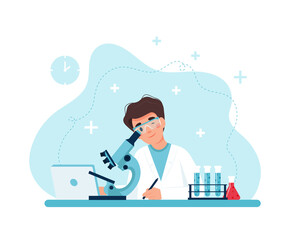 Scientist at work, male character conducting experiments with microscope. illustration in flat style