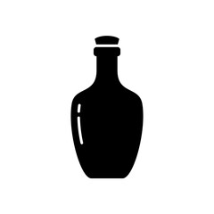 Silhouette Bottle of cognac, rum or liquor. Outline icon of alcohol, beverage. Black simple illustration of rounded glass bottle. Flat isolated vector pictogram, white background
